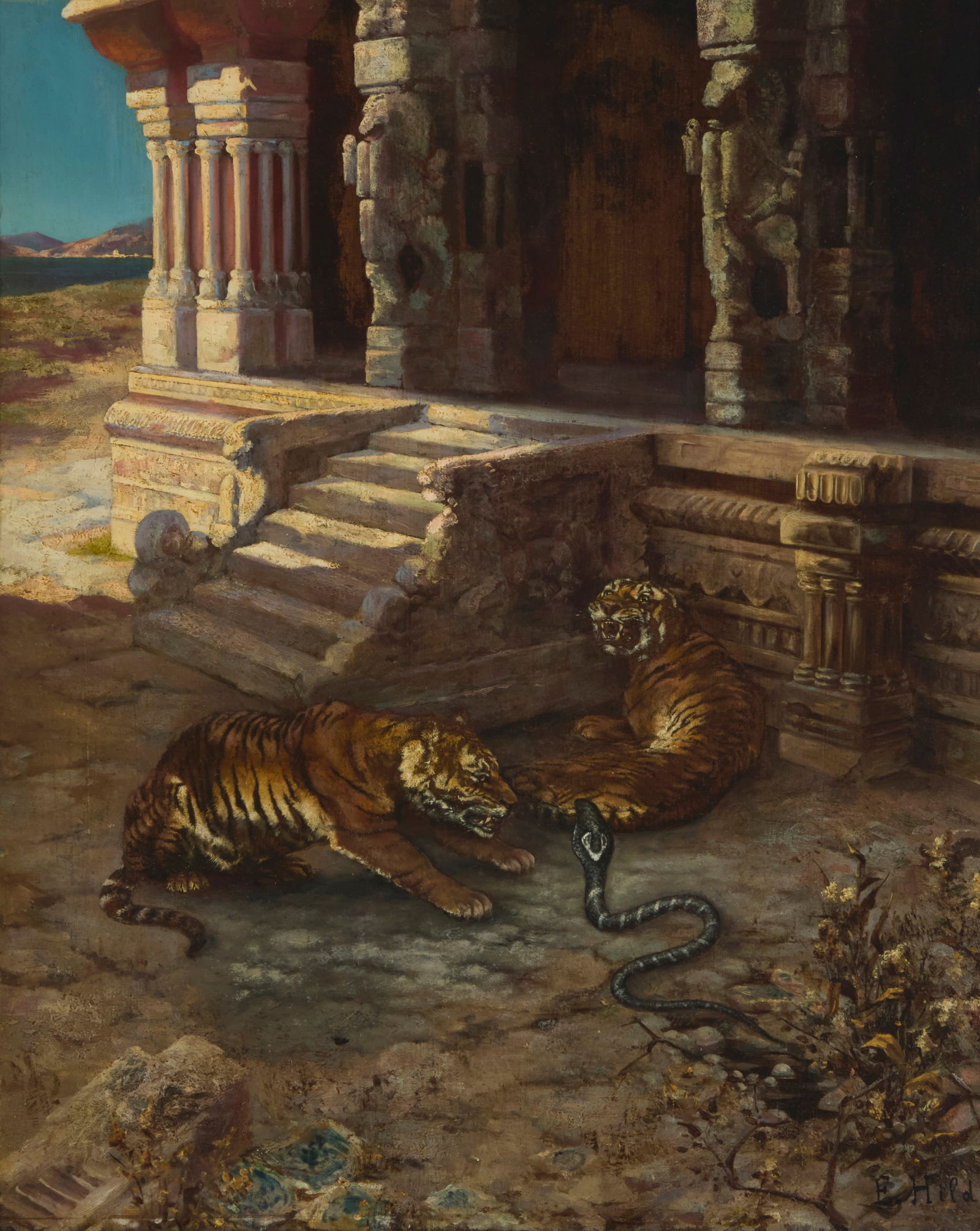 E. Baily Hilda (19th century), Tigers and a cobra: E. Baily Hilda(19th century)Tigers and a cobraOil on panelSigned lower right: E. Hilda24" H x 19.25" W Provenance:Private Estate, California