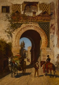 Alexander von Wagner (1838-1919), Figures, horse and cart near a Moorish gate