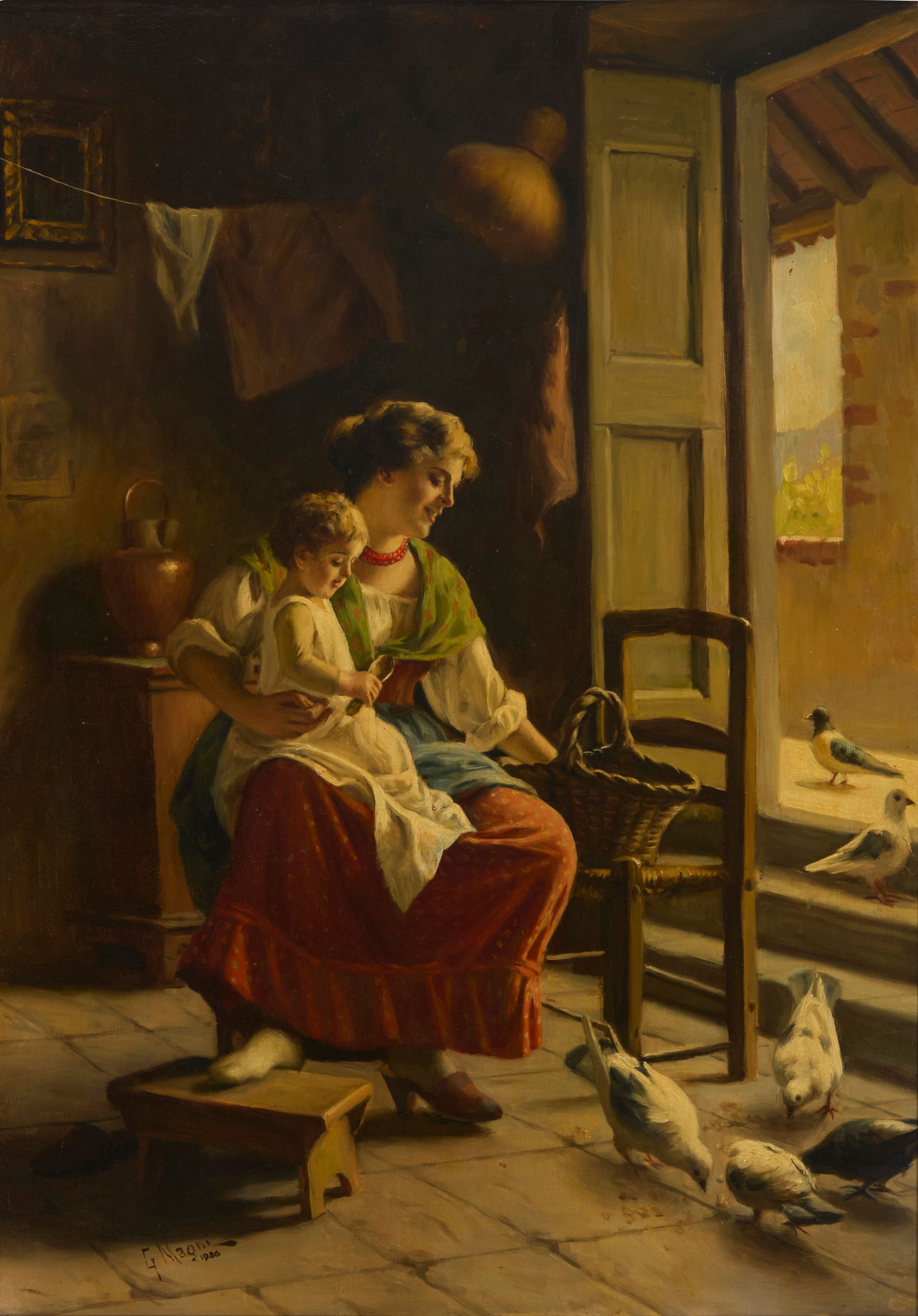 Giuseppe Magni (1869-1956), Feeding the doves, 1936: Giuseppe Magni(1869-1956)Feeding the doves, 1936Oil on canvas laid to canvasSigned and dated lower left: G. Magni / 193628" H x 20" W Provenance:Sold: Clars Auction, Oakland, CA, "Furnitur