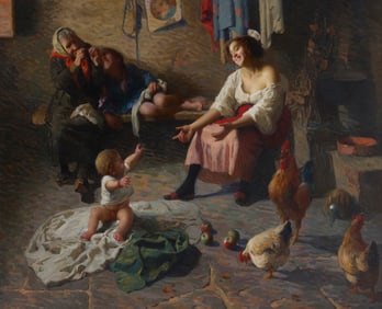 Carlo Facchinetti (1870-1951), Interior scene of a farmhouse