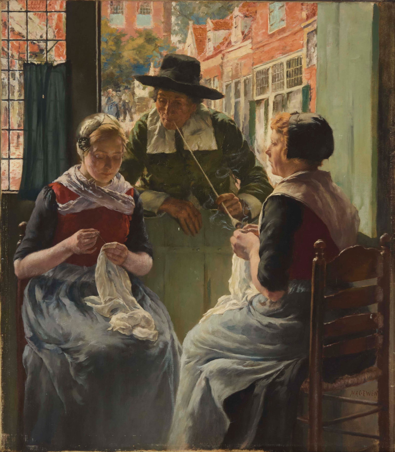 Walter MacEwen (1860-1943), "Gossiping": Walter MacEwen(1860-1943)"Gossiping"Oil on canvasSigned lower right: MacEwen; signed again and titled in ink on a label affixed to the strainer22" H x 19.5" W Provenance:Sold: Broward Auct