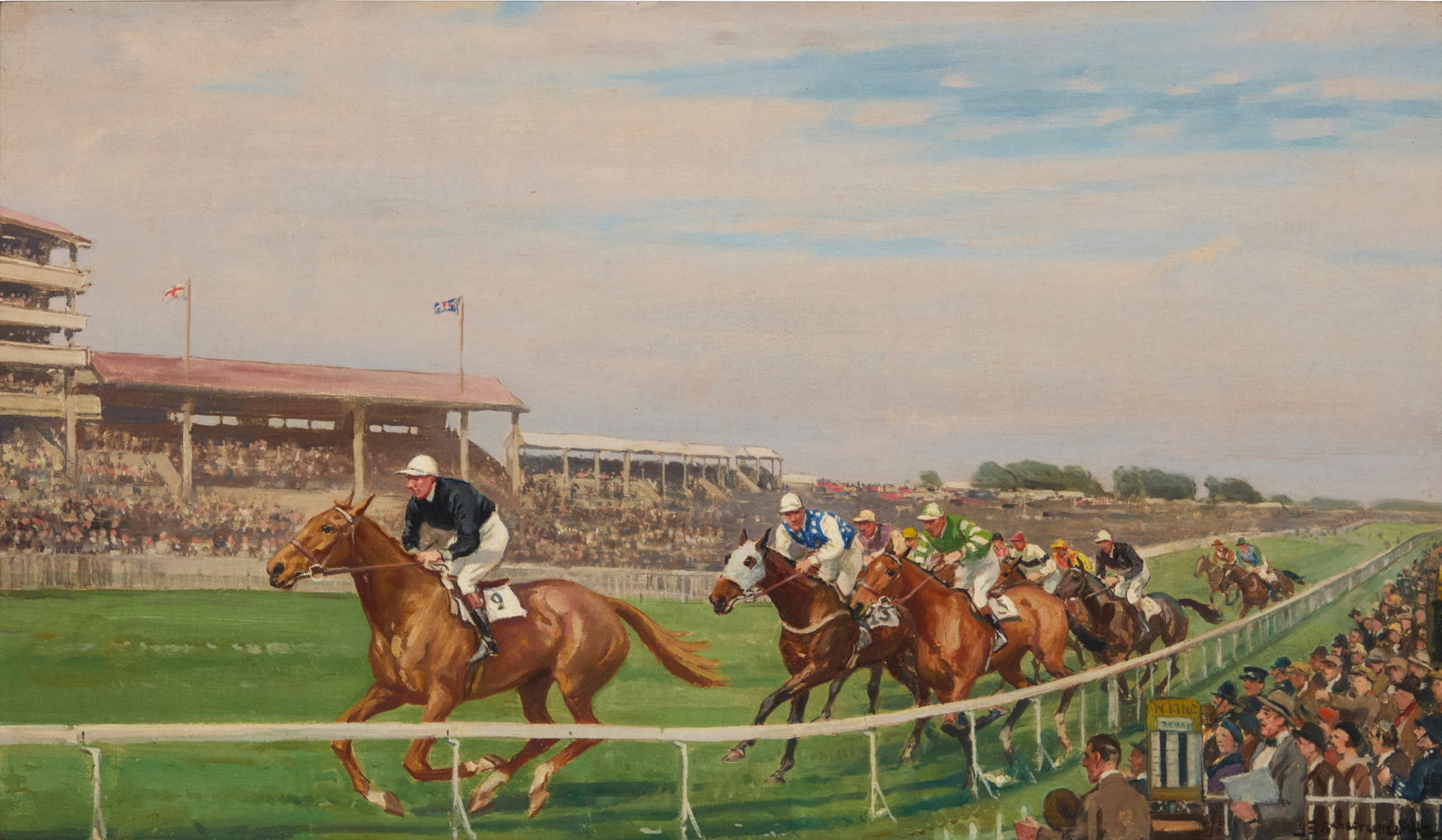 John Sanderson-Wells (1872-1955), "Hyperion Derby Winner 1933": John Sanderson-Wells(1872-1955)"Hyperion Derby Winner 1933"Oil on canvas laid to canvasSigned lower right: JS Sanderson-Wells; titled on the frame plaque12" H x 20" W Provenance:Private Es