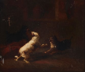 Abraham Danielsz Hondius (1630/32-1691), Three dogs beneath a window, 1690