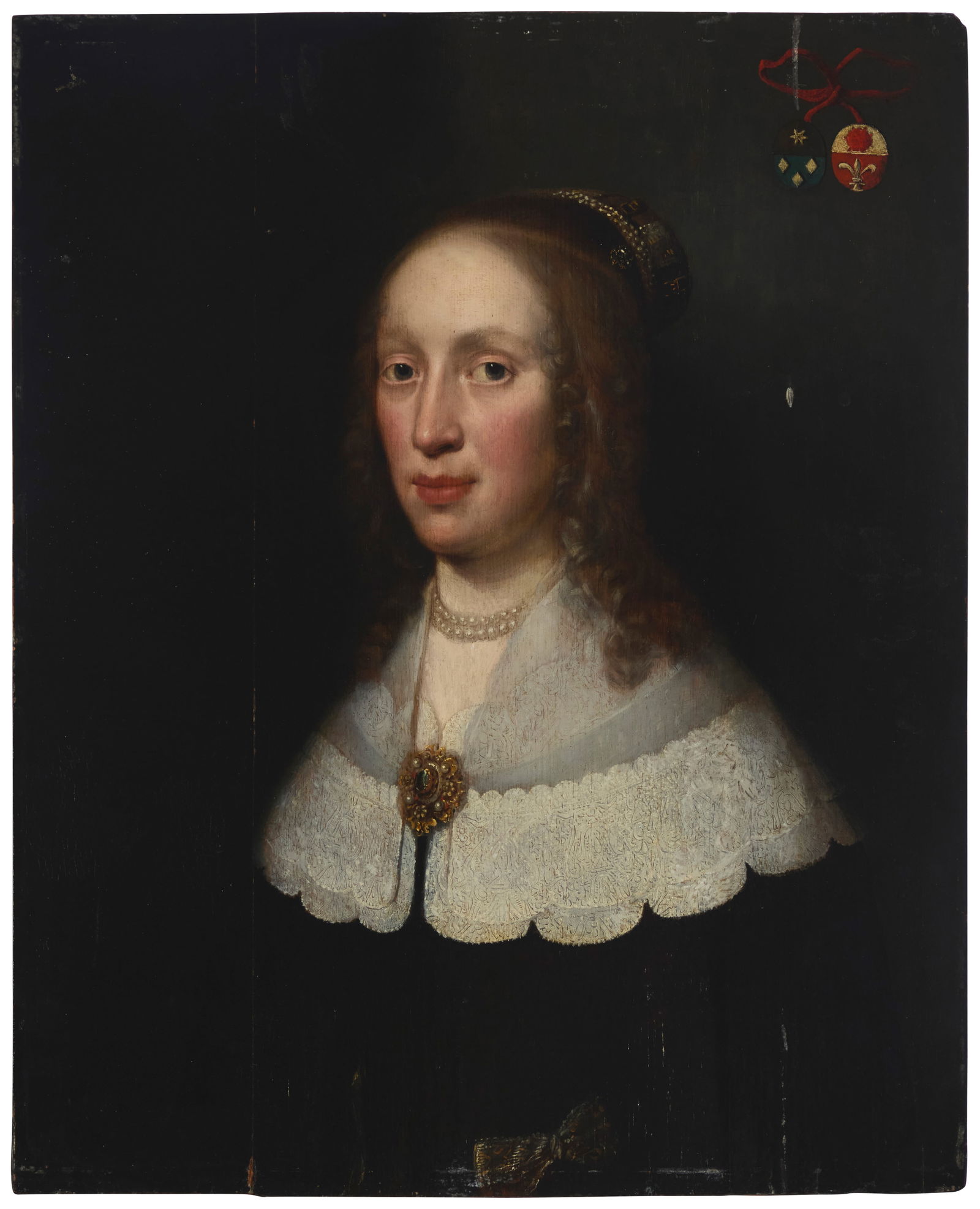 18th Century Dutch School: 18th Century Dutch SchoolPortrait of a womanOil on panelUnsigned; with a crest upper right26.75" H x 21.75" W Provenance:Private Estate, California