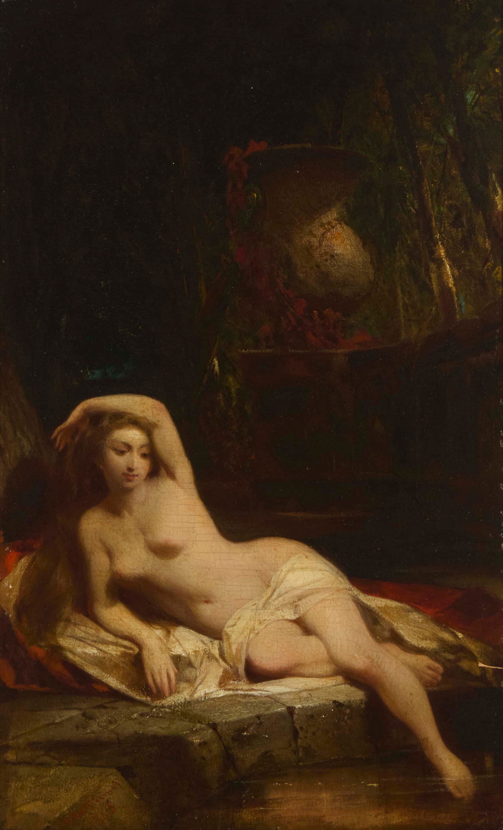 19th Century Continental School: 19th Century Continental SchoolReclining nude, possibly DanaOil on canvas laid to panelSigned indistinctly and dated lower left: 186516.25"" H x 10"" W Provenance:Private Estate California "