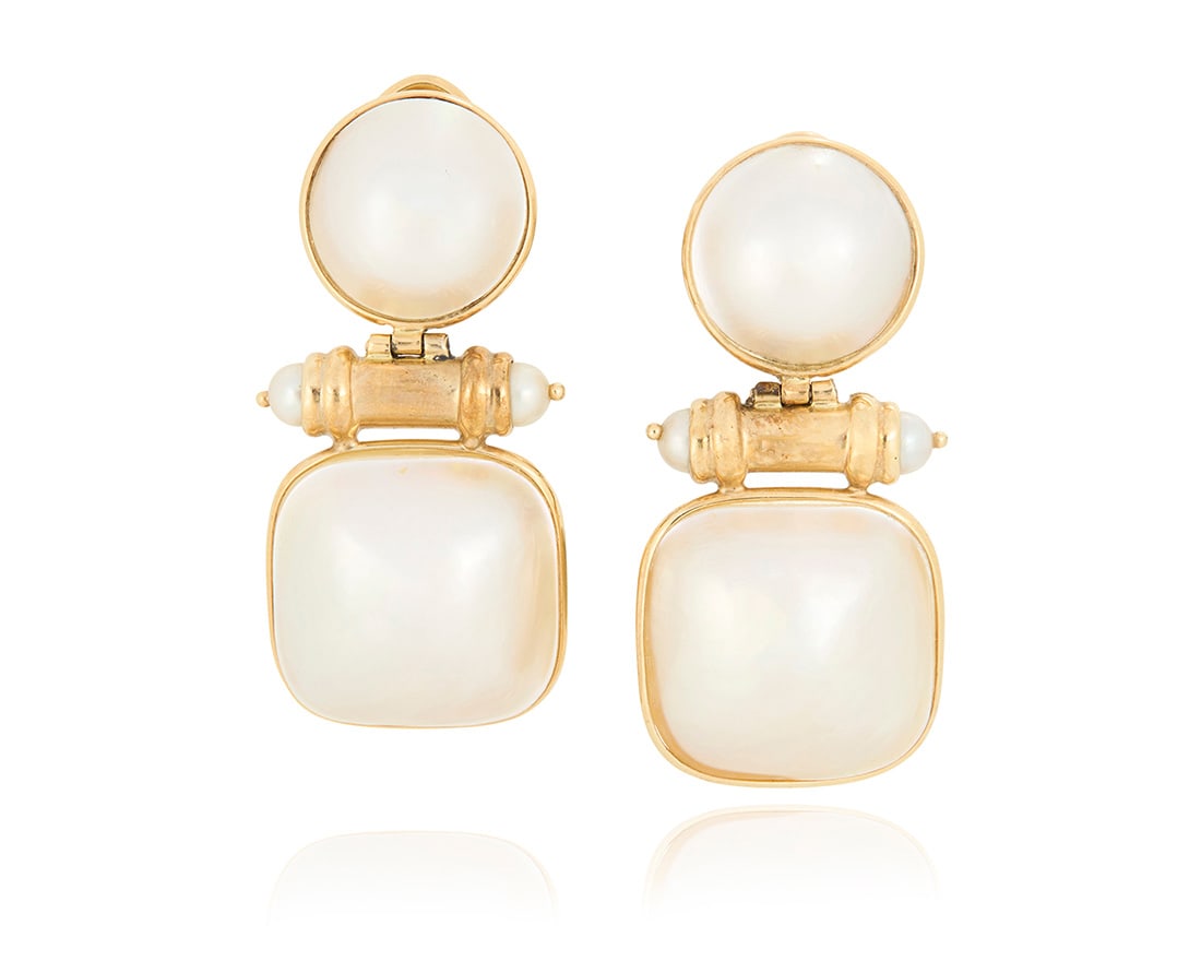 A Pair of 14K Gold and Mabe Pearl Earclips (1 of 2)