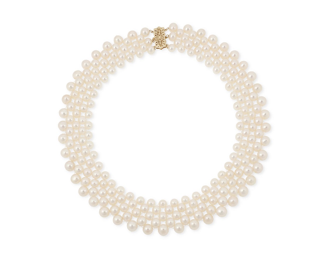 A Cultured Pearl Collar Necklace: A Cultured Pearl Collar NecklaceFeaturing five graduated rows of cultured pearls finished with a 14k gold claspLength: 17 1/2 in., Width: 1 in.121.5 grams gross