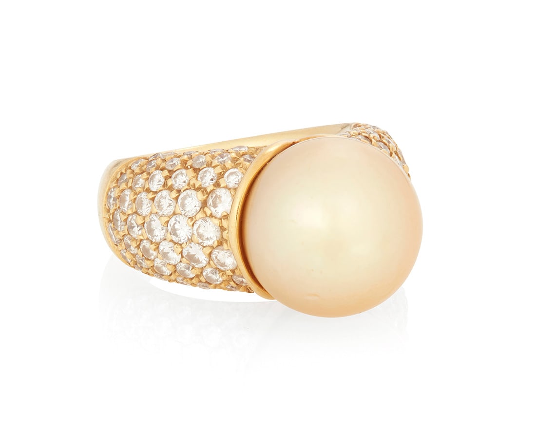An 18K Gold, Colored Cultured Pearl and Diamond Ring (1 of 3)