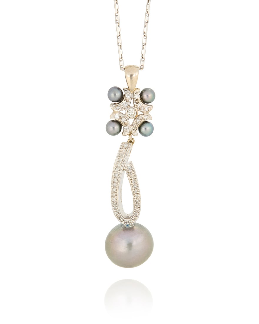 A 14K White Gold, Cultured Pearl and Diamond Pendant Necklace (1 of 2)