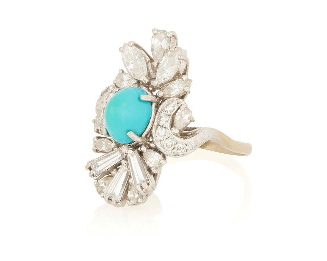 A 10K White Gold, Turquoise and Diamond Ring (1 of 2)