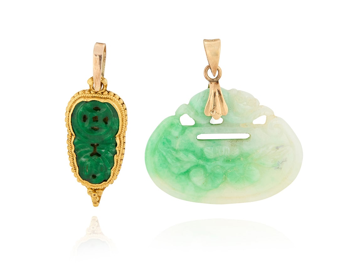 Two Gold, Gilt Silver and Jade Pendants (1 of 4)