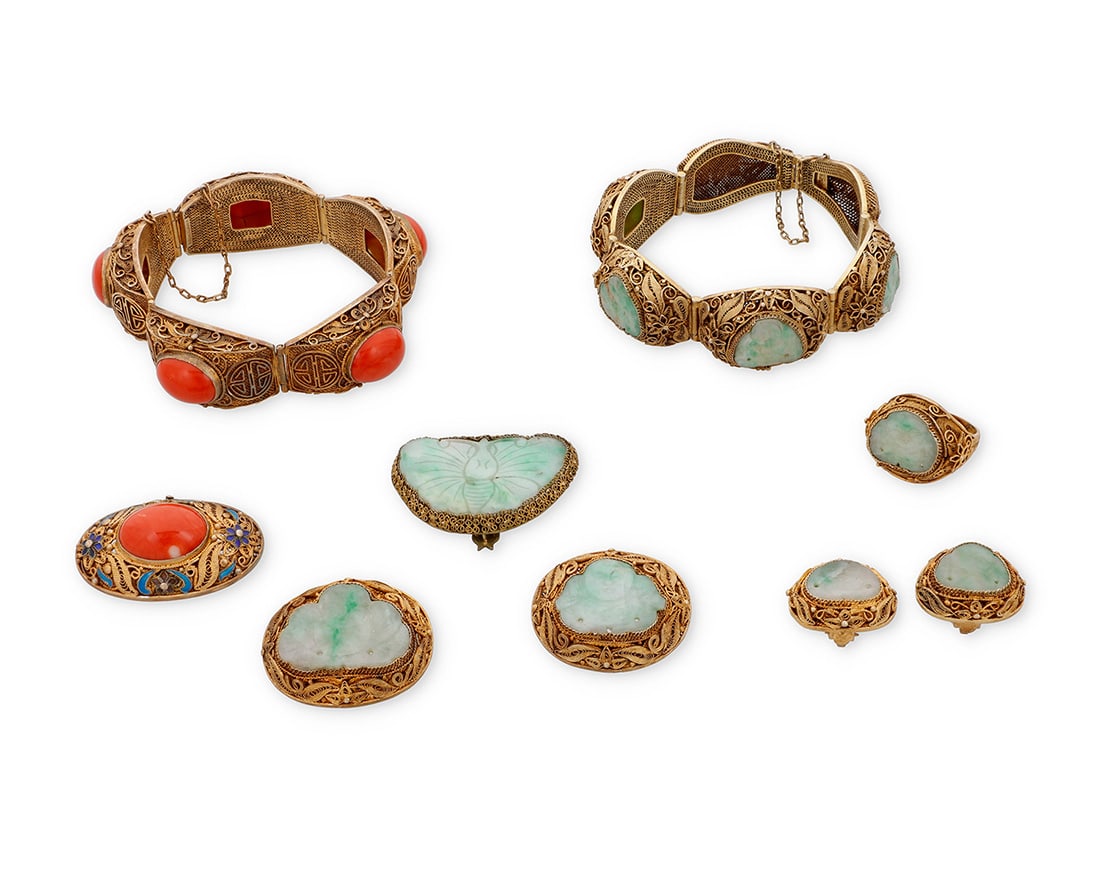 A Group of Silver Gilt, Coral and Jade Jewelry (1 of 2)
