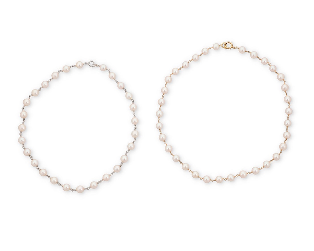 Two 14K Gold, Platinum and Cultured Pearl Necklaces (1 of 2)