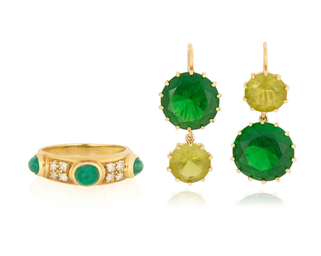 A Group 18K Gold and Gem-Set Jewelry: A Group 18K Gold and Gem-Set Jewelry Including a ring accented by three oval emerald cabochons accented by round diamonds, together with a pair of gold and green glass earrings, marked Italy 3 pieces