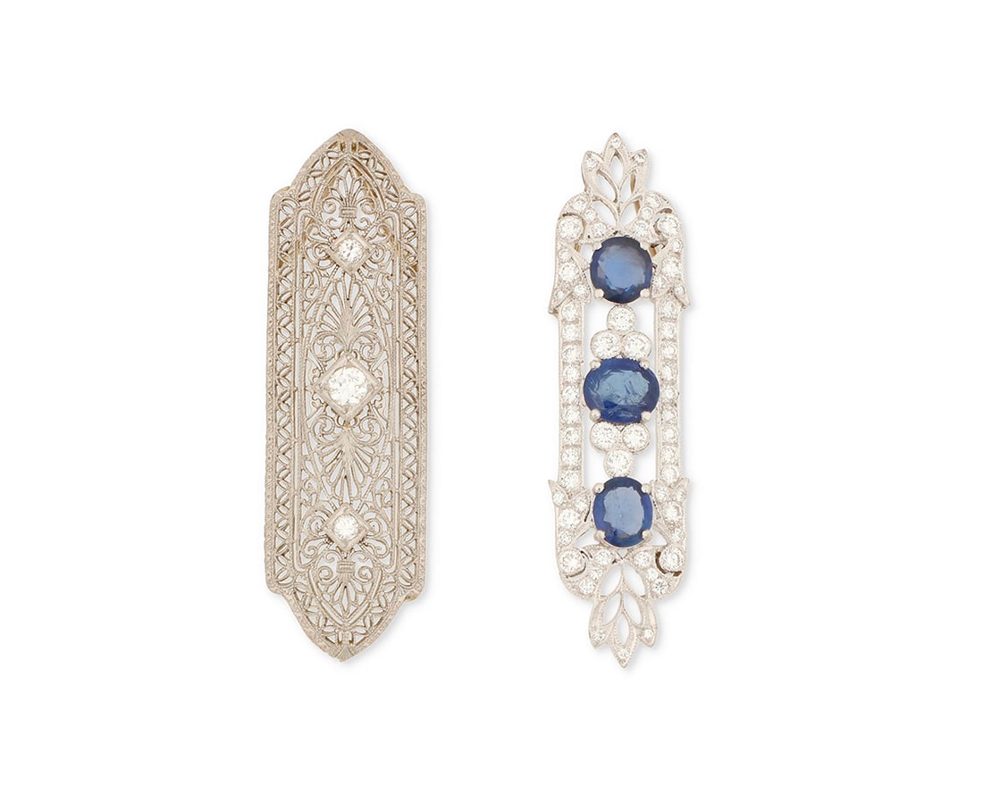 3Two 14K White Gold, Silver, Diamond and Sapphire Pendants: 3Two 14K White Gold, Silver, Diamond and Sapphire Pendants Including a rhodium plated silver pendant set with three oval sapphires accented by round diamonds weighing approximately 1.00 carat,