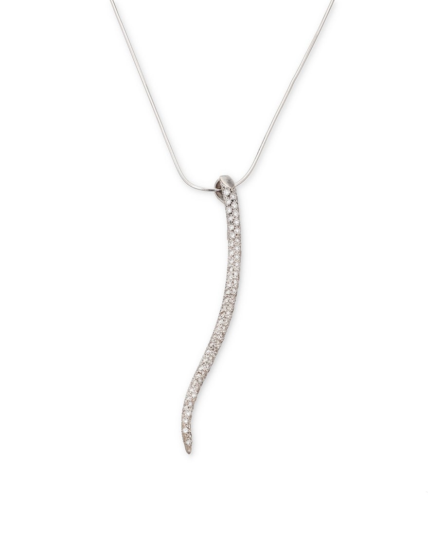 A White Gold and Diamond Pendant Necklace: A White Gold and Diamond Pendant Necklace Featuring a long 18k white gold pendant of an organic design set with round diamonds weighing approximately 2.00 carats, suspended from a 14k white gold