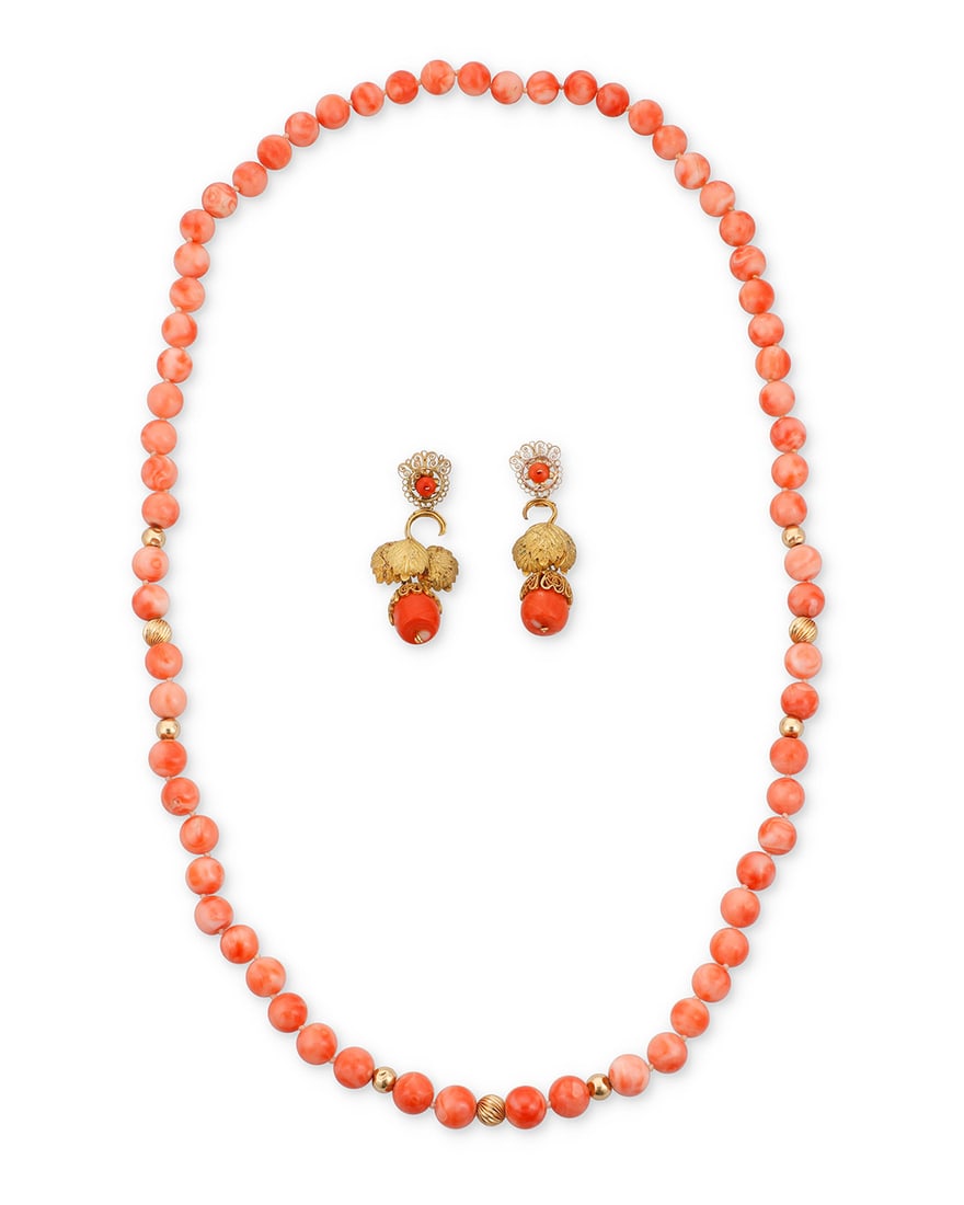 A 14K Gold and Coral Necklace and Earrings (1 of 2)