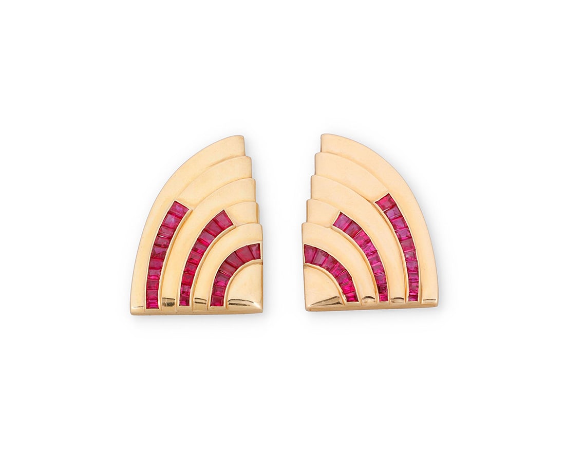 A Pair of Gold and Synthetic Ruby Earrings (1 of 2)