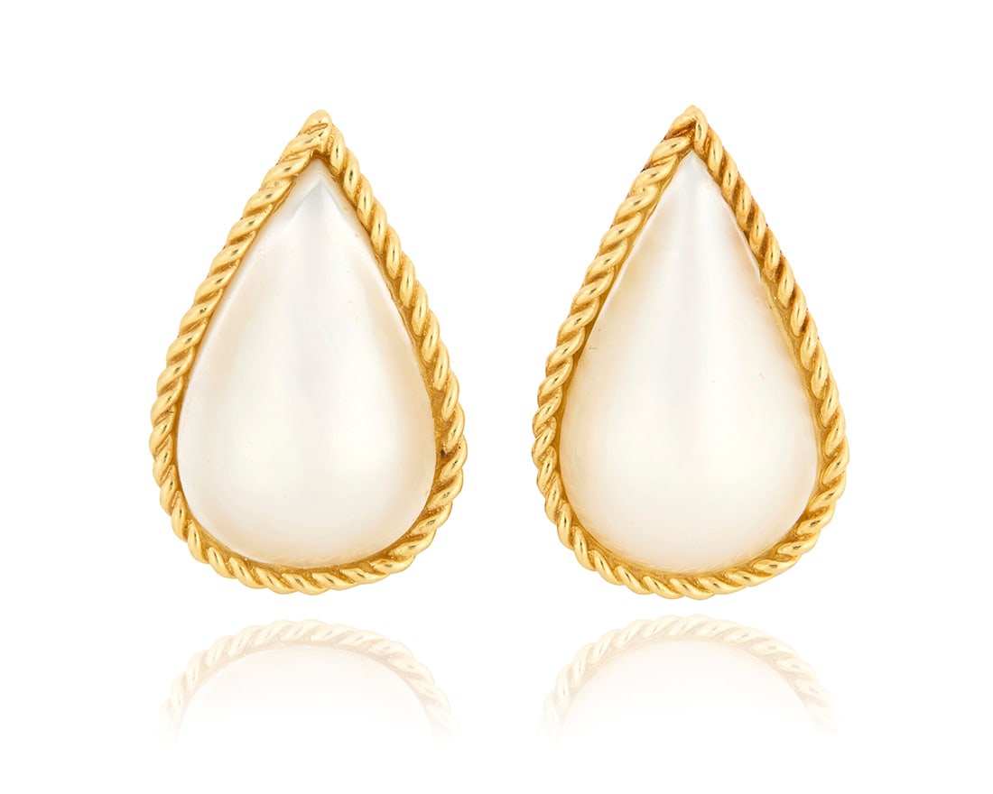A Pair of 18K Gold and Cultured Pearl Earrings: A Pair of 18K Gold and Cultured Pearl Earrings Featuring two pear-shaped Mabe pearls surrounded by a gold rope design, with maker's mark 2 pieces Measures: 1 x 5/8 in. 13.0 grams gross Property of