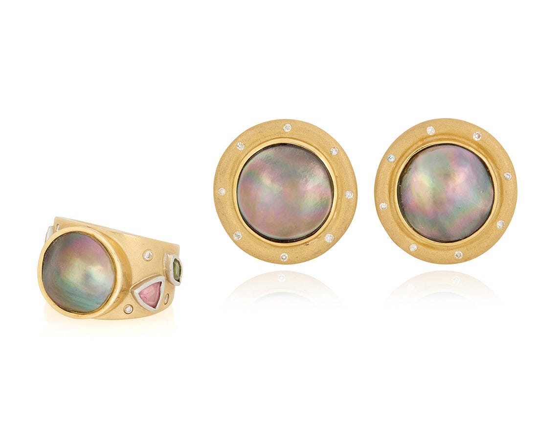 A Gold, Gem-Set and Mabe Pearl Ring and Earring Set: A Gold, Gem-Set and Mabe Pearl Ring and Earring Set Featuring a 14k gold ring centering a black Mabe pearl, accented various cuts of iolite, green tourmaline, pink tourmaline and citrine together