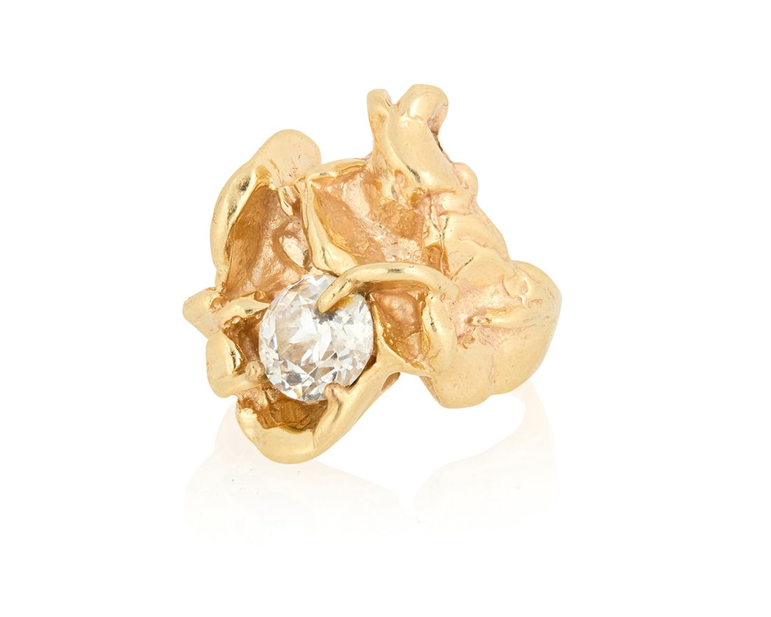 A 14K Gold and Diamond Ring: A 14K Gold and Diamond Ring Of an organic nugget style design featuring an old European-cut diamonds weighing approximately 0.95 carat Size: 3 1/2 7.8 grams gross Property of a Southern