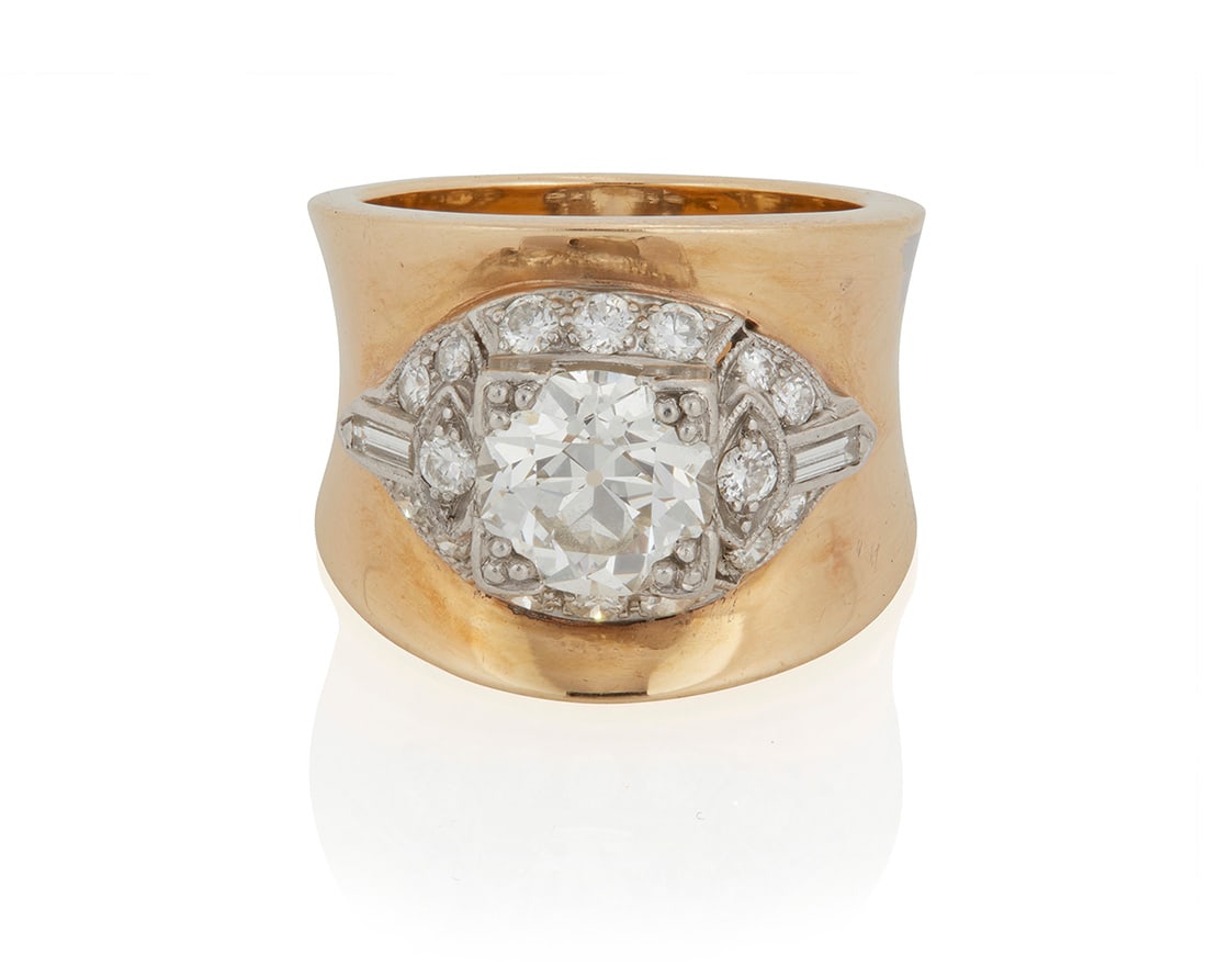 Jewels by Joseph: An 14K Gold and Diamond Ring: Jewels by Joseph: An 18k Gold and Diamond Ring Centering an old European-cut diamond weighing approximately 1.50 carats, accented by round and baguette diamonds in an ornate mount, signed Jewels by