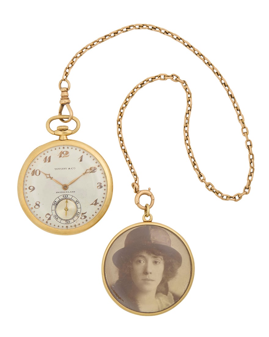 Tiffany & Co.: Gold Pocket Watch together with a Gold Chain and Locket (1 of 5)