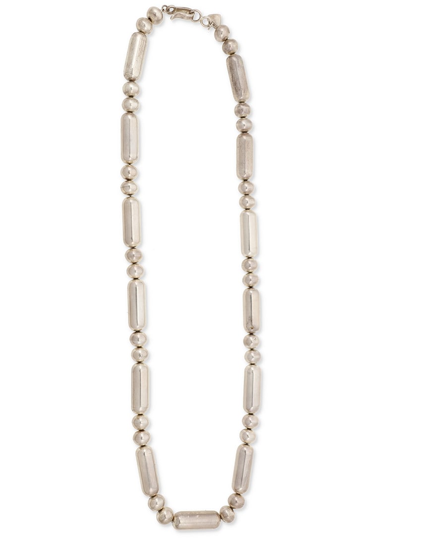 A Long Sterling Bead Chain Necklace: A Long Sterling Bead Chain NecklaceA chunky necklace with alternating tubular silver beads and spherical beads, signed PH to hangtag and claspLength: 32 in.154.1 gramsProperty of a Southern California