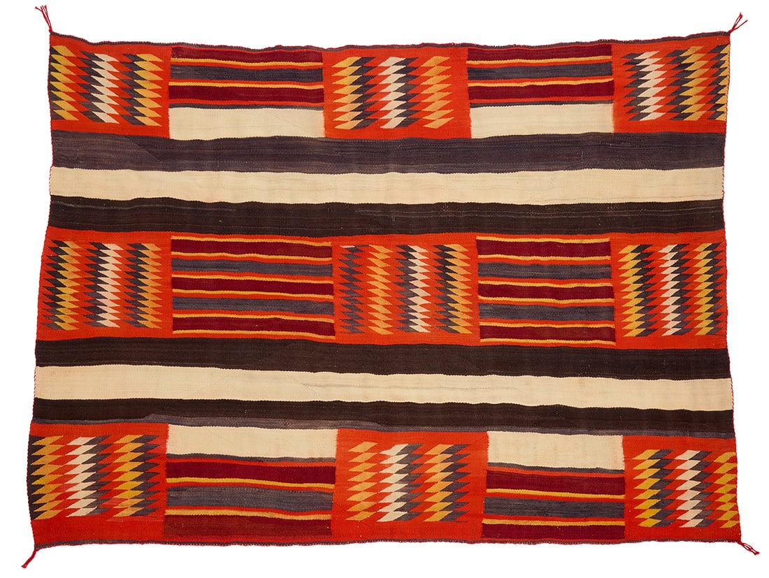 A Second Phase Navajo wearing blanket Late 19th/early 20th century, Dine Woven in orange, red, (1 of 3)