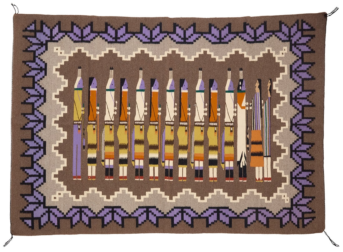 A Navajo Yei pictorial textile Late 20th century, Dine, Louise Maloney Woven in light grey, dark (1 of 3)