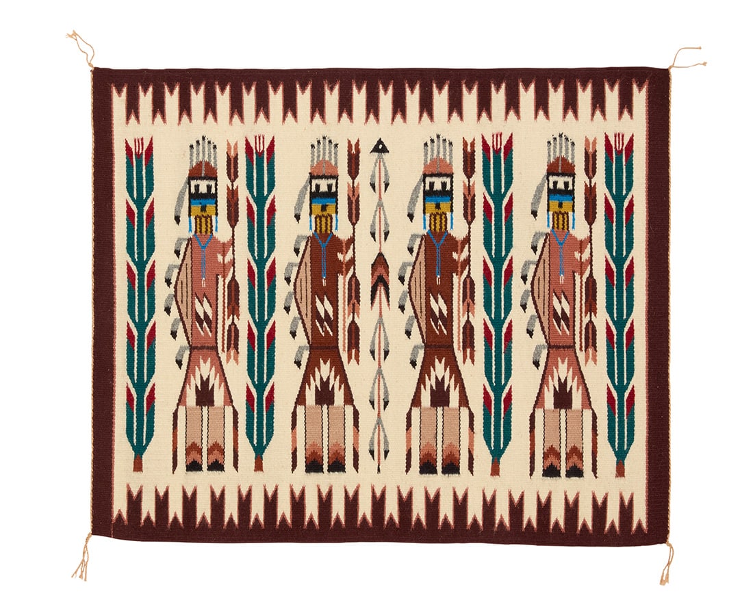 A Navajo Humpbacked Yei pictorial textile Late 20th century, Dine, Ruby White Woven in multicolor (1 of 3)