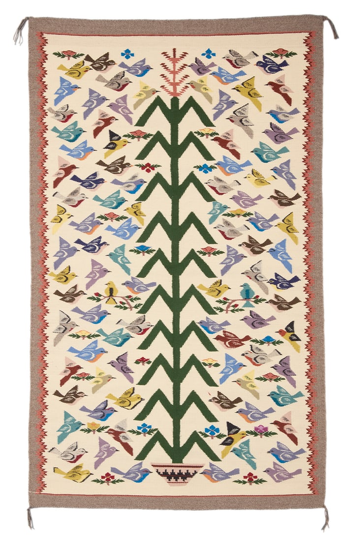 A Navajo pictorial Tree of Life textile Late 20th century, Dine; Jean Monroe Woven in multicolored (1 of 3)