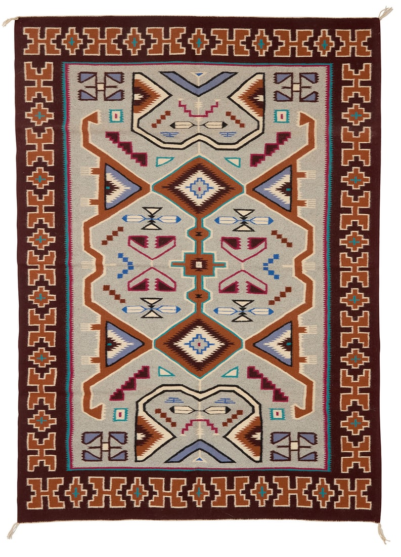 A Navajo Teec Nos Pos rug Late 20th century, Dine, Hazel Tom Taylor Woven in multicolor wool, with (1 of 3)
