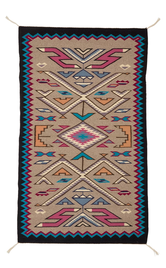 A Navajo Teec Nos Pos rug Late 20th century, Dine, Mary White Woven in grey, black, blue, cream, (1 of 3)