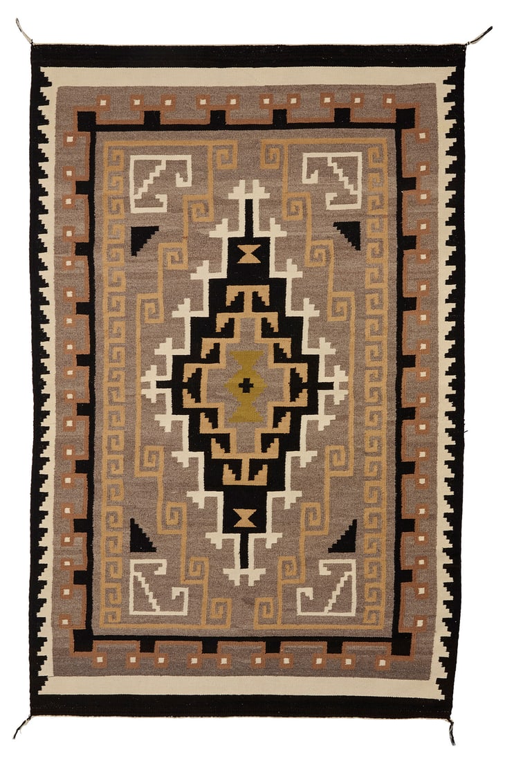 A Navajo Two Grey Hills rug Late 20th century, Dine Woven in ochre, tan, brown, cream, black, and (1 of 3)