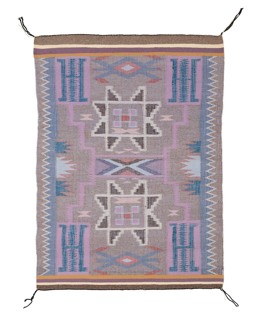 A Navajo raised outline Storm Pattern textile Late 20th century, Dine, Priscilla Nez Woven in pale (1 of 3)