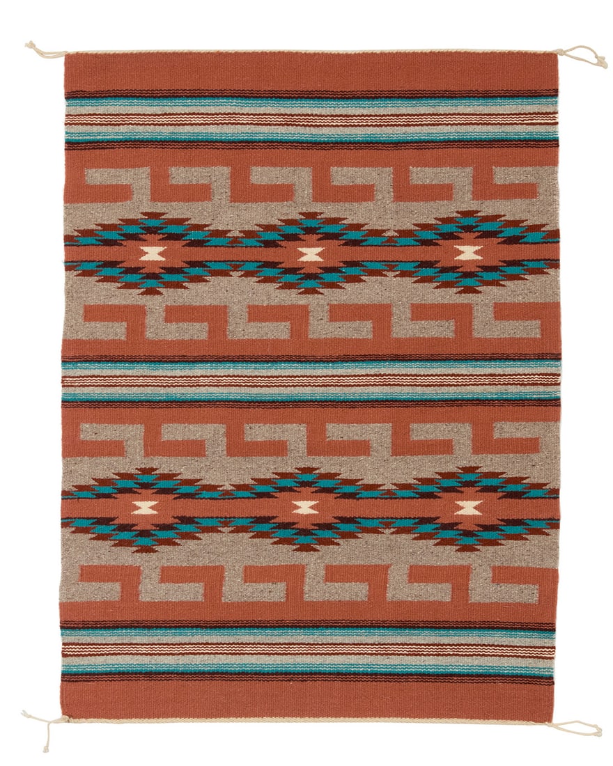 A Navajo Crystal textile Late 20th century, Dine, Sally Scott Woven in red, turquoise, brown, pale (1 of 3)