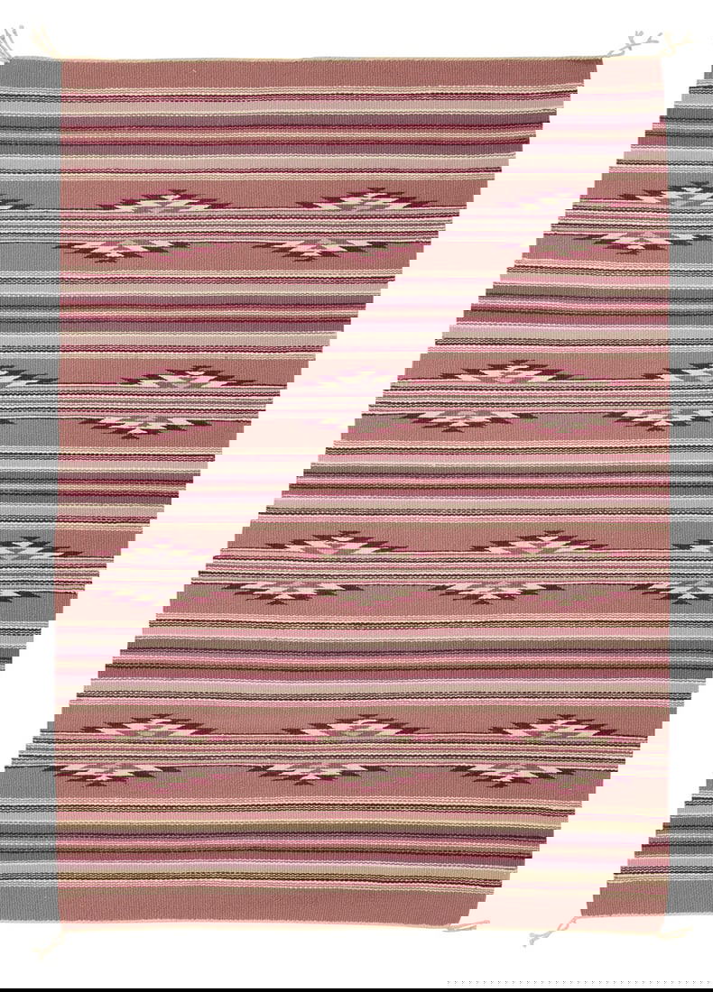 A Navajo Wide Ruins textile Late 20th century, Dine, Dorothy Harvey Woven in lavender, cranberry, (1 of 3)