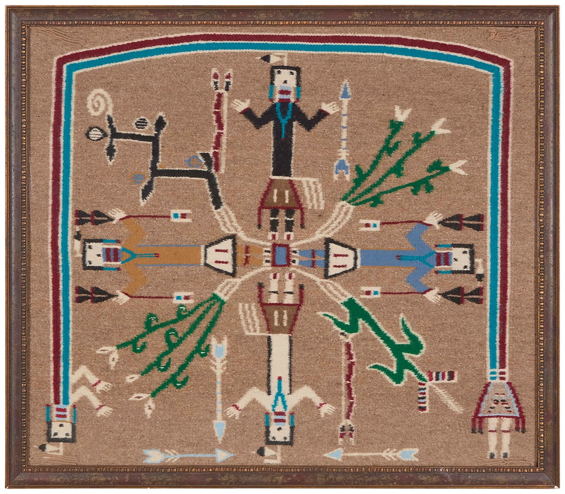 A framed Navajo pictorial sand painting textile Late 20th/21st century, Dine Woven in multicolored (1 of 3)