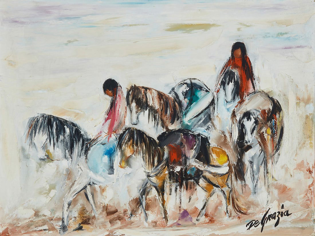 Ted DeGrazia (1909-1982), "Old Indian and Wife Trade Three Loads of Meat (Chapter 2, Page 6)," 1961: Ted DeGrazia (1909-1982) "Old Indian and Wife Trade Three Loads of Meat (Chapter 2, Page 6)," 1961 Oil on canvas Signed lower right: DeGrazia; signed again and inscribed "Tucson Arizona / USA / The