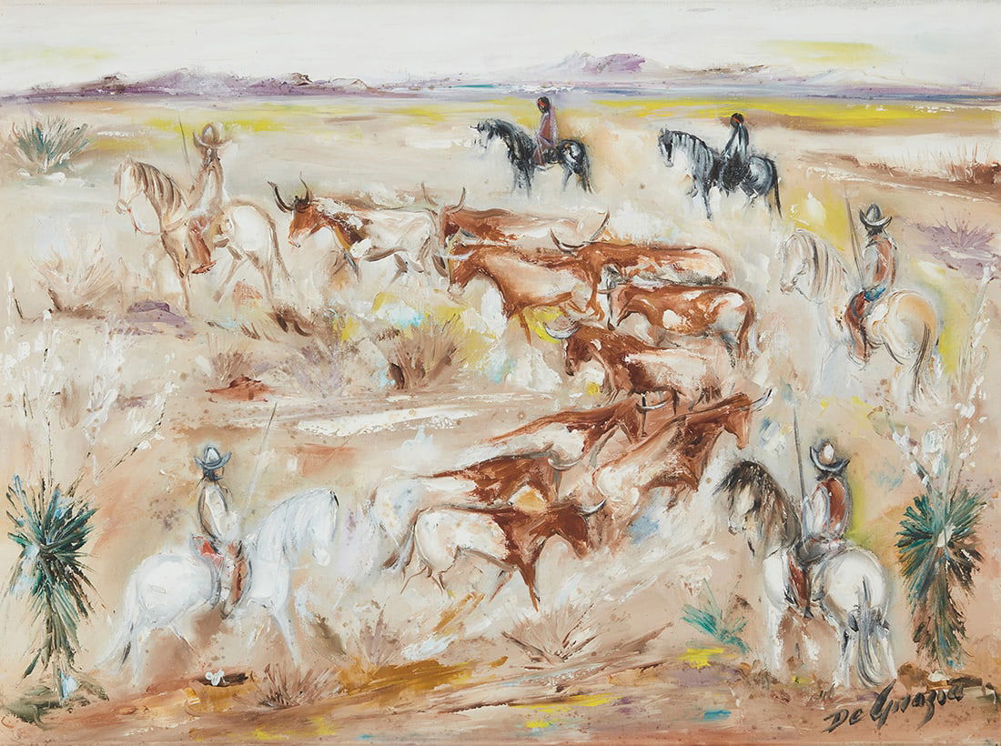 Ted DeGrazia (1909-1982) "Herd of Cattle to Presidio San Antonio (Chapter 3, Page 6)," 1961 Oil: Ted DeGrazia(1909-1982)"Herd of Cattle to Presidio San Antonio (Chapter 3, Page 6)," 1961Oil on canvasSigned lower right: DeGrazia; signed again and inscribed "Tucson Arizona / USA / Galvan's story,"