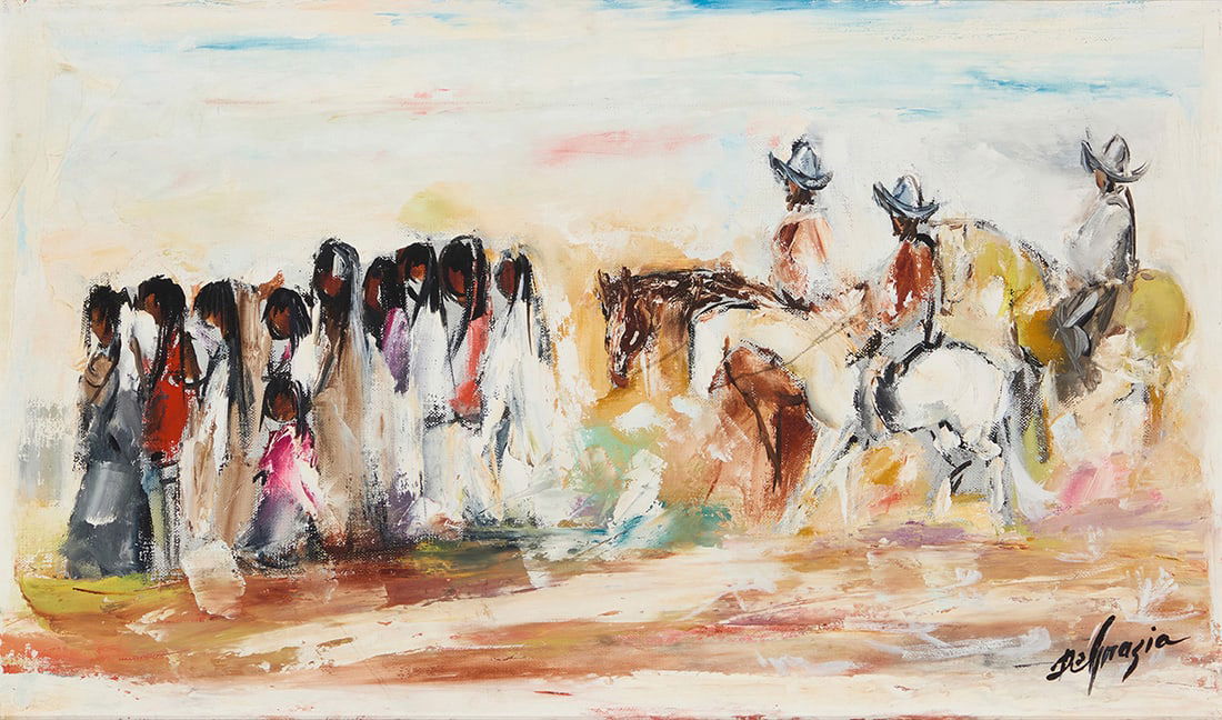 Ted DeGrazia (1909-1982), "Juan Galvan Brings Indians in Band (Chapter 2, Page 4)," 1961: Ted DeGrazia(1909-1982)"Juan Galvan Brings Indians in Band (Chapter 2, Page 4)," 1961Oil on canvasSigned lower right: DeGrazia; signed again and inscribed "Tucson Arizona / USA / Juan Galvan," and wit