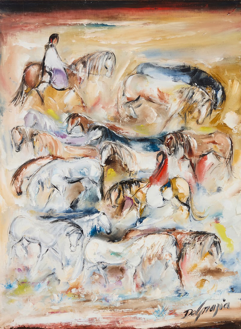 Ted DeGrazia (1909-1982), "Two Apache Women Drive [Fifteen] Horses," 1961: Ted DeGrazia(1909-1982)"Two Apache Women Drive [Fifteen] Horses," 1961Oil on canvasSigned lower right: DeGrazia; signed again and inscribed "Tucson Arizona / USA / Galvan," and with the artist's copyr