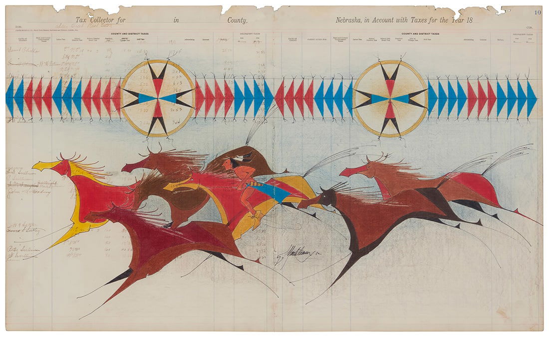 Donald F. Montileaux (b.1948, Oglala Sioux) Ledger painting, 2012 Colored pencil and ink on (1 of 5)