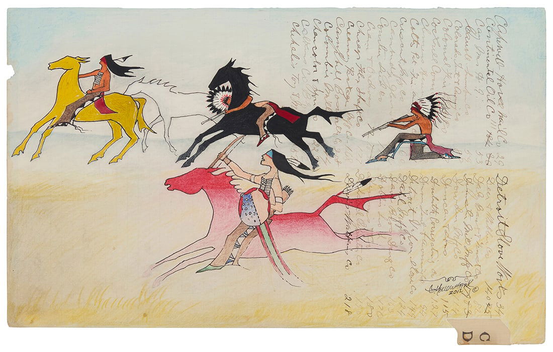 Jim Yellowhawk (b. 1958, Itazipco Lakota) Ledger art, 2012 Colored pencil, acrylic, and ink on (1 of 6)