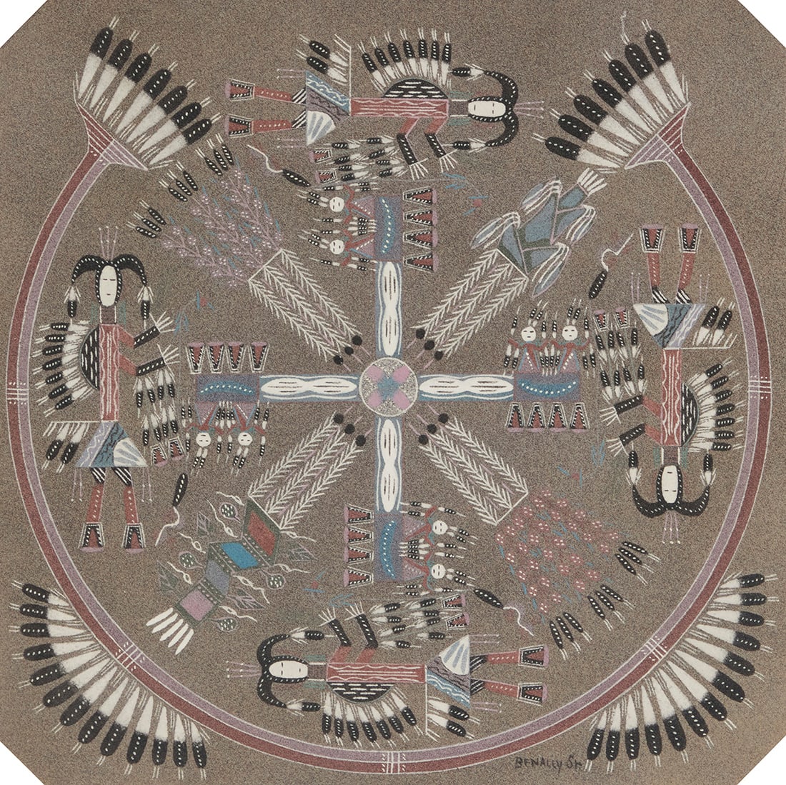 Johnny Benally Sr. (20th century, Navajo/Dine) "Whirling Log" Navajo sandpainting in colors on (1 of 7)