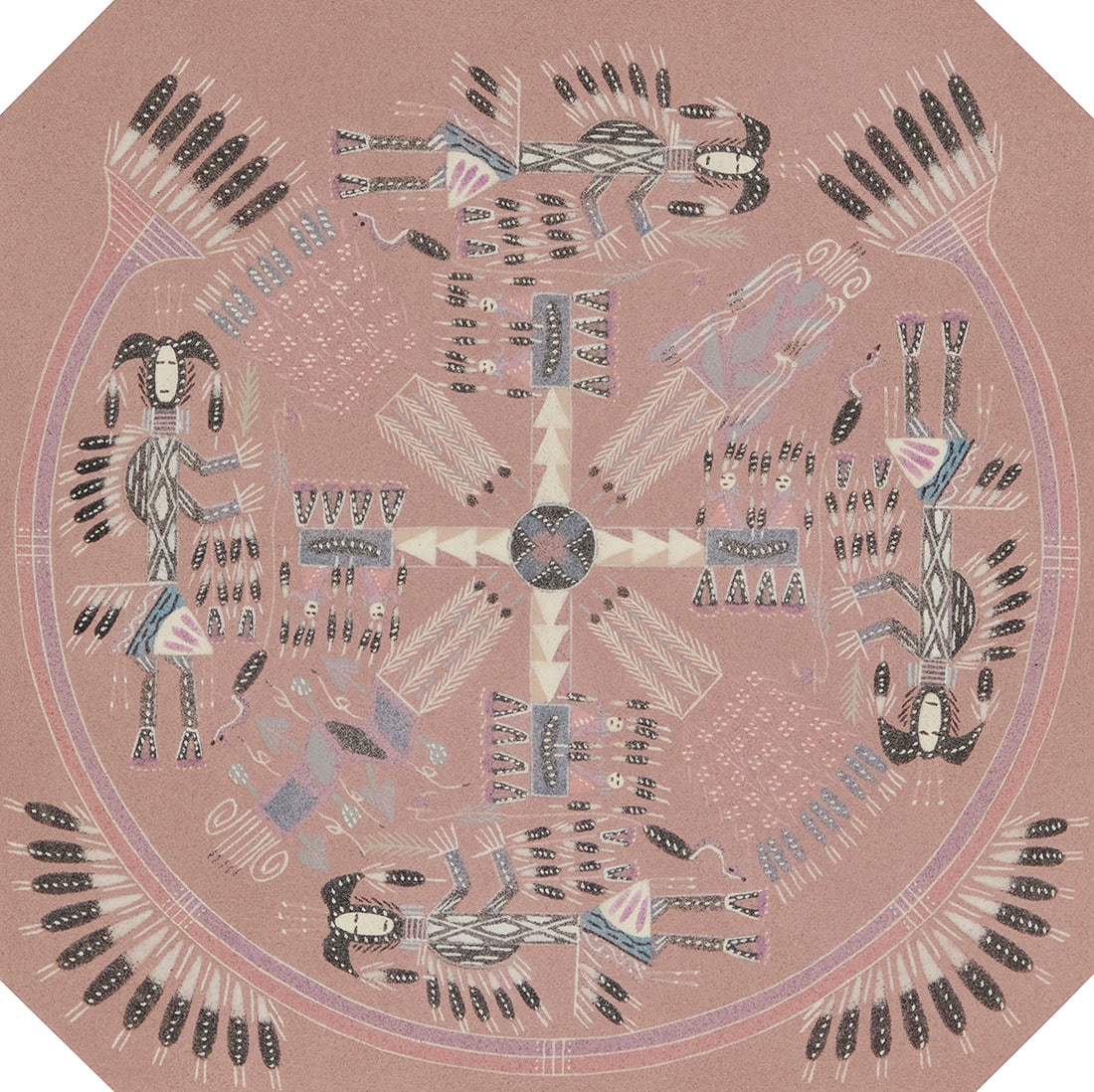 Johnny Benally Sr. (20th century, Navajo/Dine) "Whirling Log" Navajo sandpainting in colors on (1 of 5)