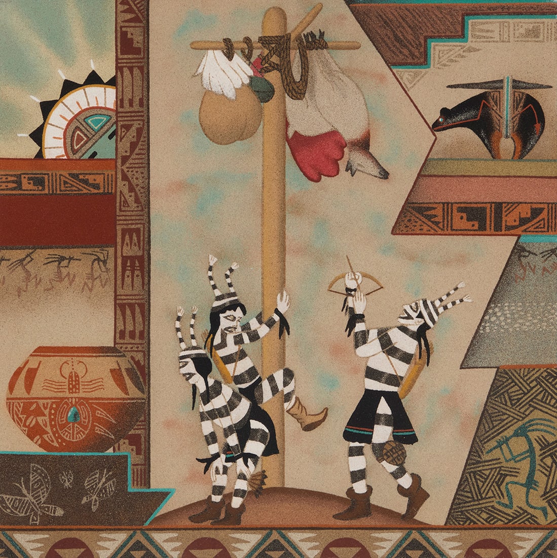 Tyler Herman Jr. (20th century, Navajo/Dine) "Koshare Kachina with Fetish and Pottery" Navajo (1 of 5)