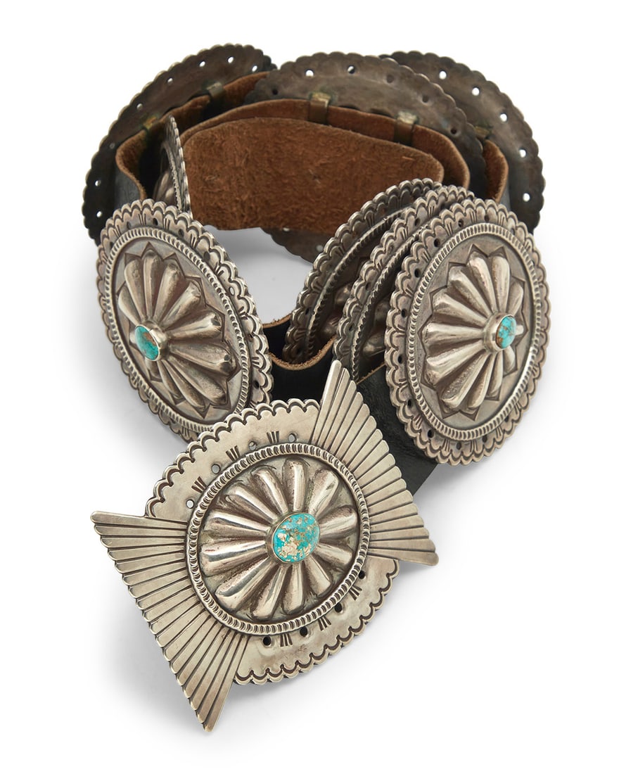 A Joe H. Quintana Cochiti sterling silver and turquoise concho belt Joe H. Quintana (1915-1991, (1 of 5)