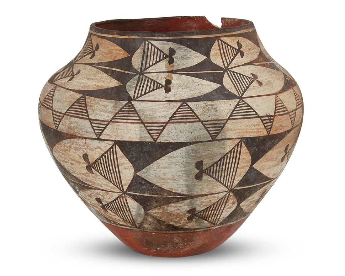 An Acoma Pueblo polychrome pottery olla 19th century The three-color jar with brown banded (1 of 5)